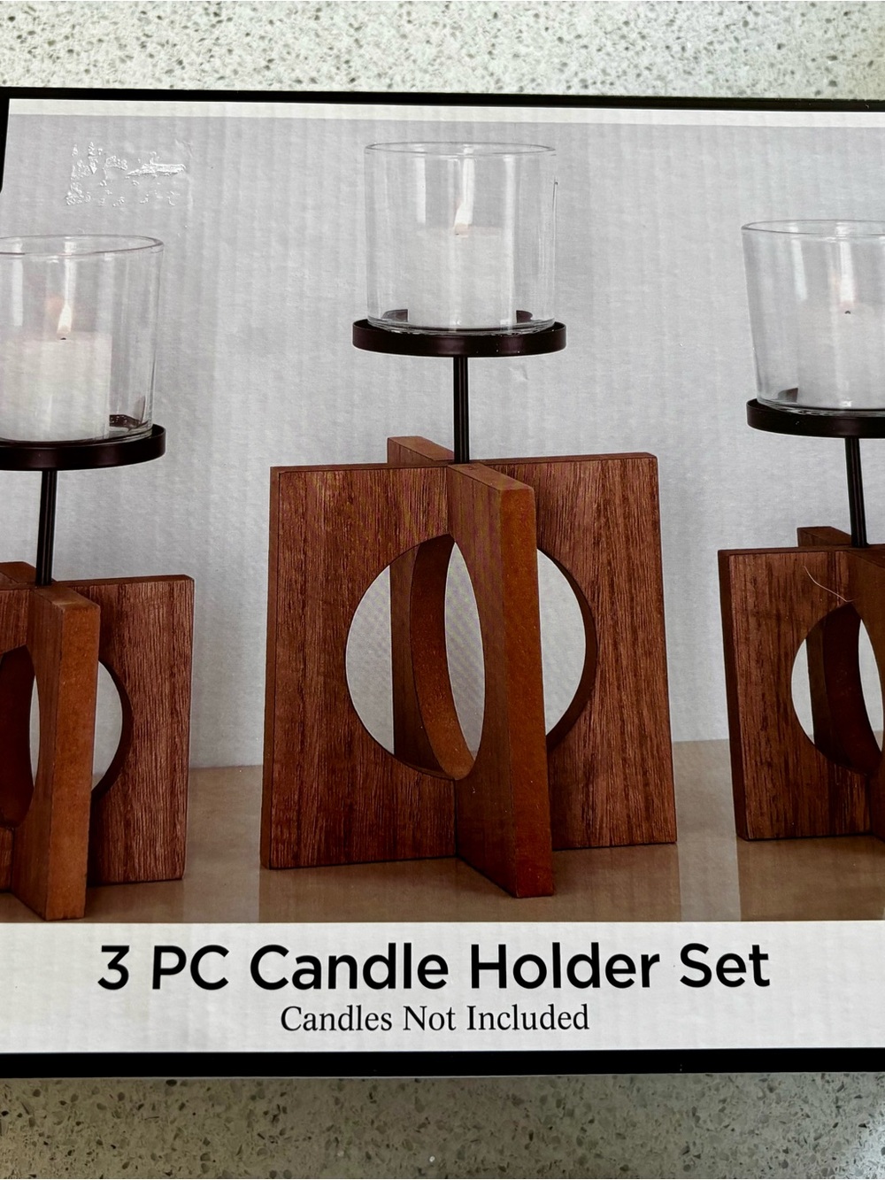 3-Piece Wood & Glass Candle Holder Set - Brown